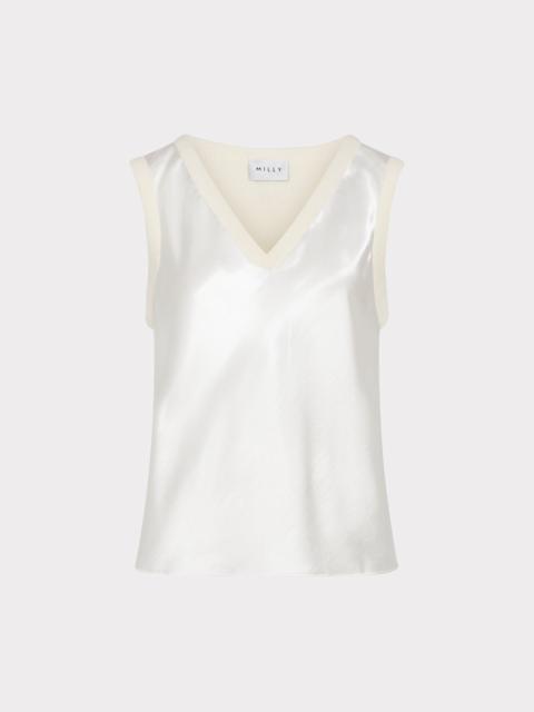 MILLY Satin Knit Combination V-Neck Shell Top