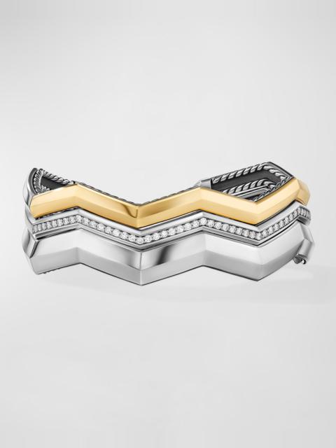 DAVID YURMAN Zig Zag Stax Three Row Cuff Bracelet with Diamonds in 18K Gold and Silver, 17mm