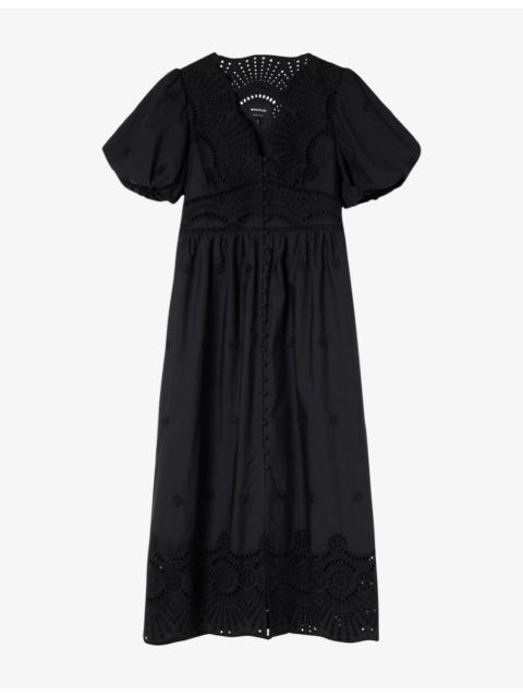WHISTLES Broderie V-Neck Cotton Midi Dress