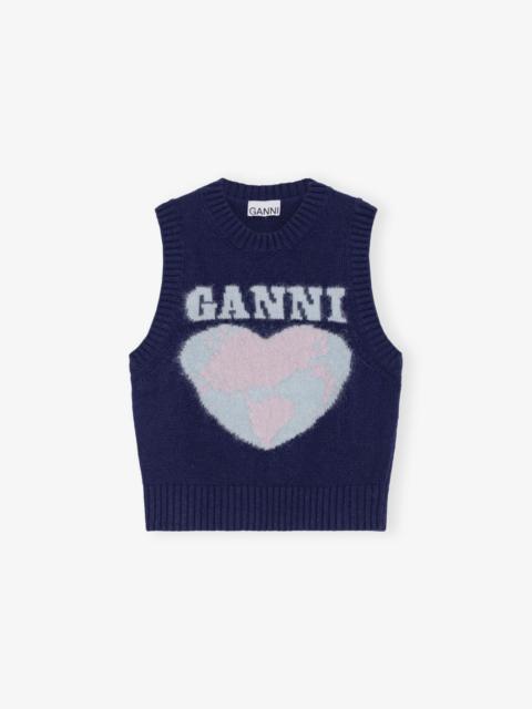 GANNI NAVY GRAPHIC SOFT WOOL MIX VEST