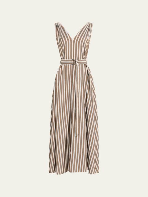 Brunello Cucinelli Striped Sleeveless Monili-Shoulder Belted Midi Dress