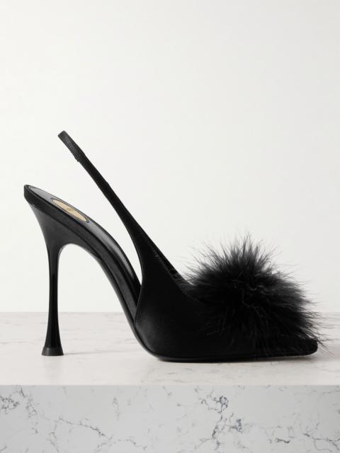 SAINT LAURENT Paradis feather-trimmed satin slingback sandals Black