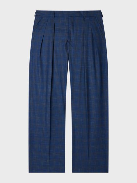 Paul Smith Navy Space-Dye Check Wool Pleated Trousers