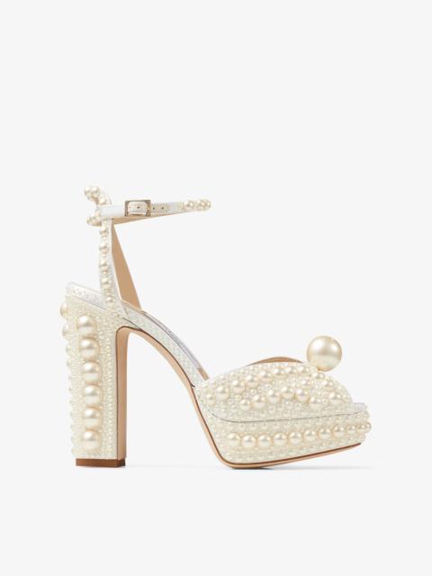 JIMMY CHOO Sacaria/PF 120
White Satin Platform Sandals with All-Over Pearl Embellishment