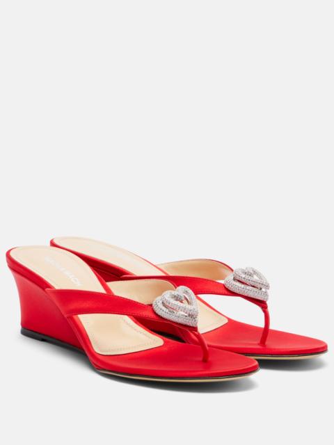 MACH & MACH Double Heart satin wedge thong sandals