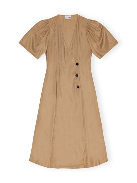 BROWN VISCOSE TWILL WRAP MIDI DRESS