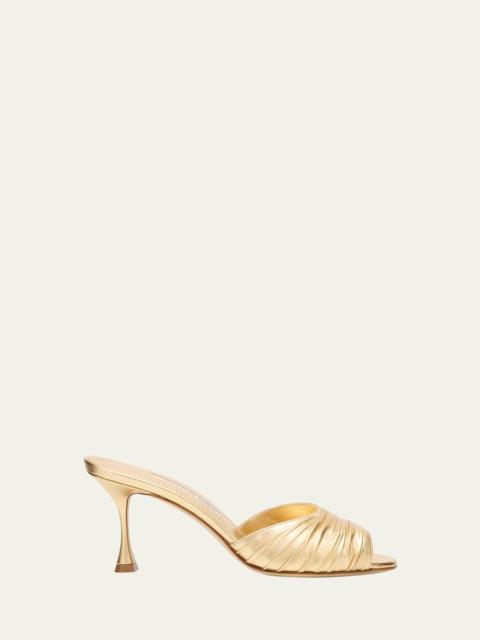 Manolo Blahnik Pirua Ruched Metallic Mule Sandals