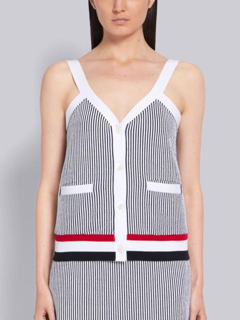 Thom Browne Navy Seersucker RWB Ribbed V-Neck Cardigan Tank Top