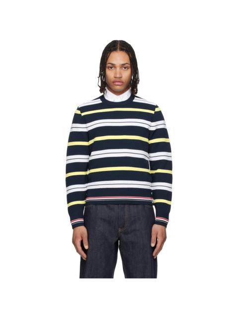 Thom Browne Navy Variegated Rep Stripe Ottoman Stitch Crew Neck Sweater