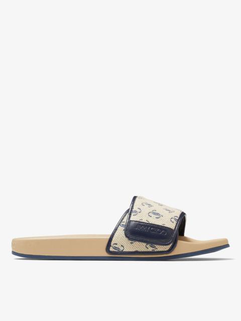 JIMMY CHOO Fitz/M
Sand Dune and Navy JC Logo Jacquard and Sand Dune Nappa Leather Slides