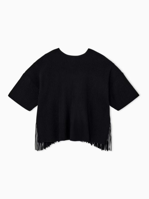 EMPORIO ARMANI CARDIGAN IN VISCOSE OTTOMAN WITH ROUND NECK AND FRINGE