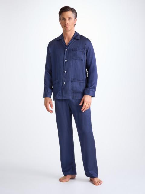 Derek Rose Men's Classic Fit Pajamas Woburn 8 Silk Satin Navy