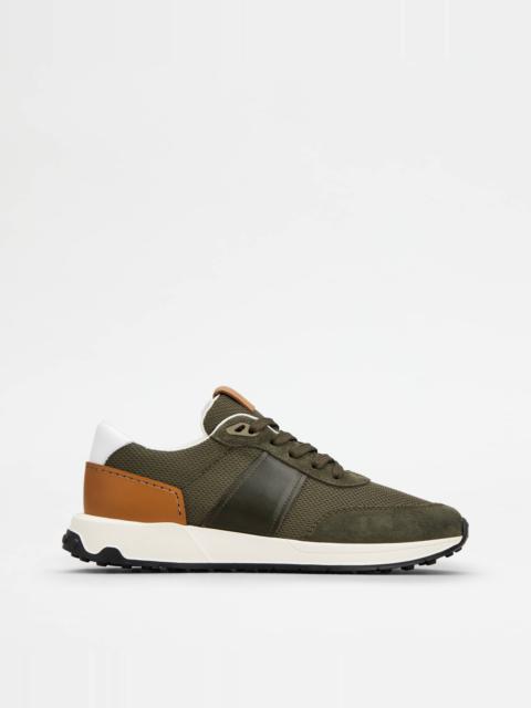 SNEAKERS IN LEATHER AND TECHNICAL FABRIC - BROWN, GREEN