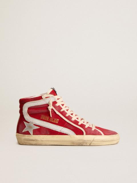 Slide in red suede with silver star and lizard print flash