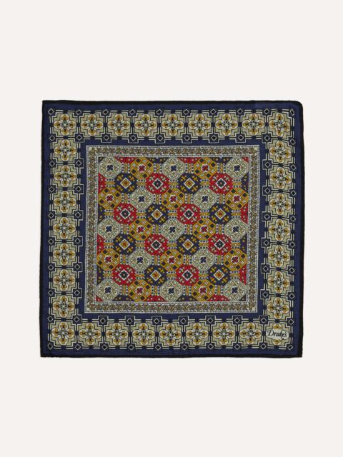 Drake's Navy Geometric Tapestry Print Wool-Silk Pocket Square