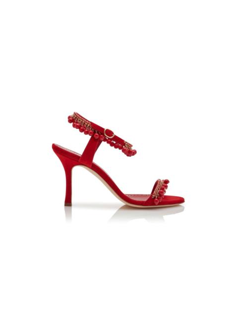 Manolo Blahnik Red Suede Jewel Embellished Sandals