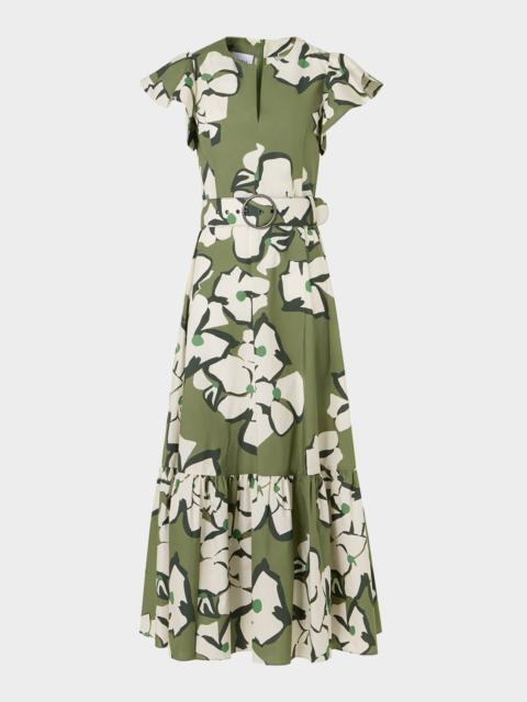 AKRIS Papercut Flower Cotton Ruffle Belted Midi Dress
