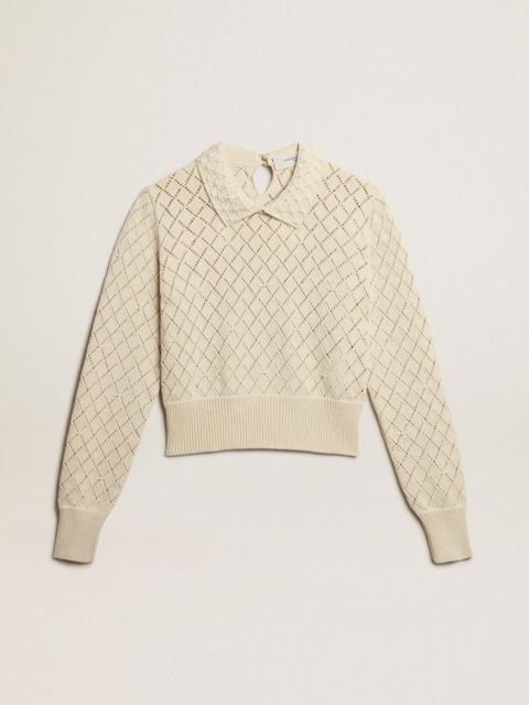 Panama-colored openwork cotton cropped sweater with pearl embroidery