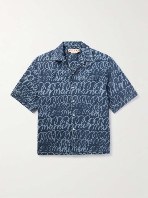 Convertible-Collar Printed Denim Shirt