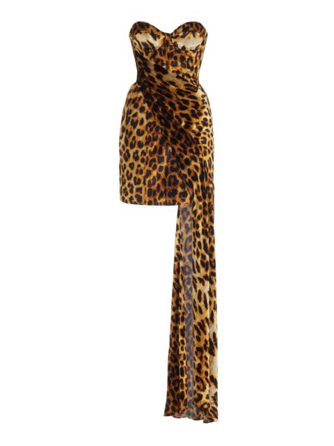 HALPERN Leopard-Print Draped Velvet Bustier Mini Dress animal