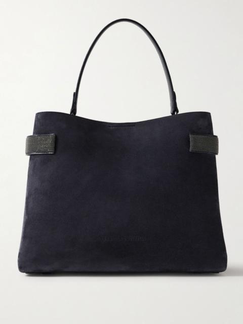 Brunello Cucinelli Bead-embellished suede shoulder bag Navy