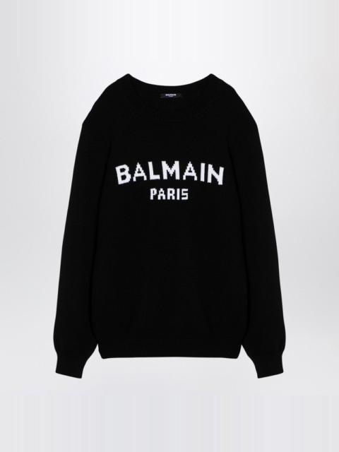 BLACK WOOL BLEND CREW-NECK SWEATER WITH LOGO INLAY