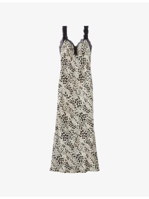 Claudie Pierlot Animal-Print Lace-Trim Satin Midi Dress