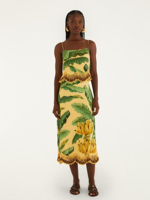 FARM RIO Yellow Fruit Leaves Banana Beaded Fringes Maxi Skirt