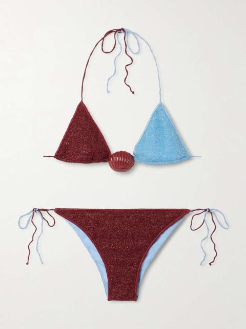 Oséree Lumière Shell embellished two-tone metallic triangle bikini Burgundy