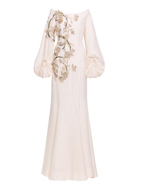 Peccana Gardenia Embroidered Linen Maxi Dress ivory