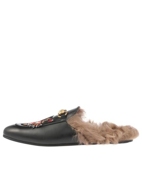 GUCCI Gucci Tiger Head Embroidered Leather One Pedal Flat Shoes Black Fleece Lined 478285-DKHH0-1063