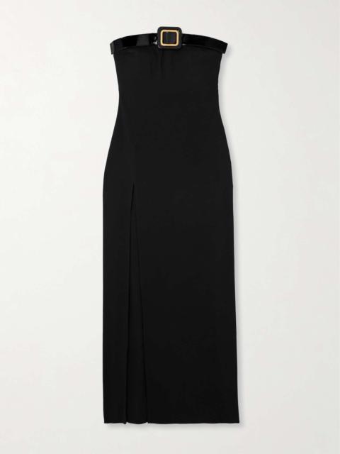 Strapless patent leather-trimmed crepe gown