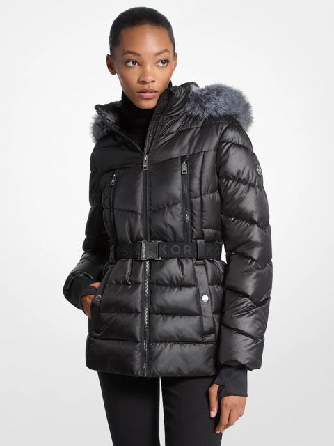 MICHAEL KORS Faux Fur Trim Belted Puffer Jacket