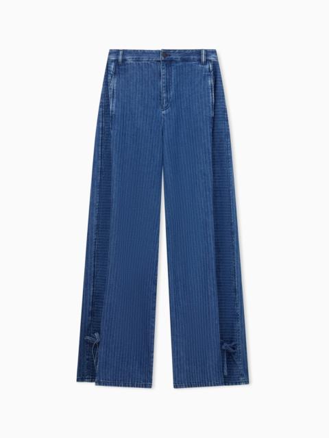 EMPORIO ARMANI FIVE-POCKET PINSTRIPED DENIM PANTS WITH SIDE BOWS