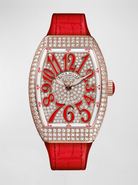 FRANCK MULLER 18K Rose Gold Diamond Lady Vanguard Watch with Red Alligator Strap