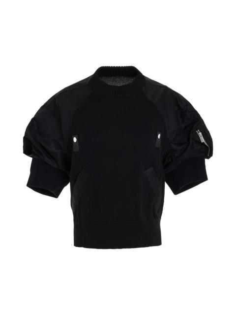 Nylon Twill x Knit Sweater in Black