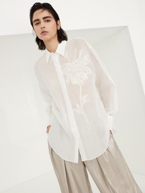 Cotton organza shirt with dazzling magnolia embroidery