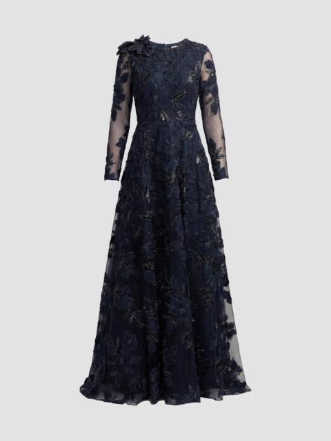 MAC DUGGAL Women's Floral Mesh Long-Sleeve Gown - Midnight