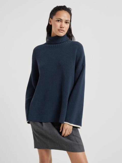 Cotton English rib turtleneck sweater with shiny contrast cuffs