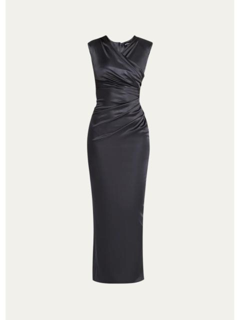 GIORGIO ARMANI Ruched Shiny Viscose Jersey Sleeveless Maxi Dress