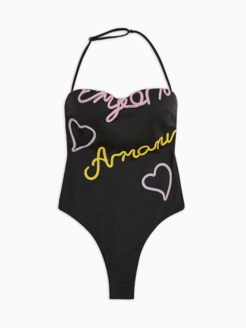 EMPORIO ARMANI Padded Lycra one-piece swimsuit with Cornely logo embroidery