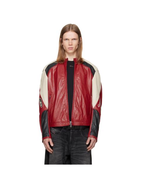 Diesel Red Colour-Block Perforated Leather Biker Jacket