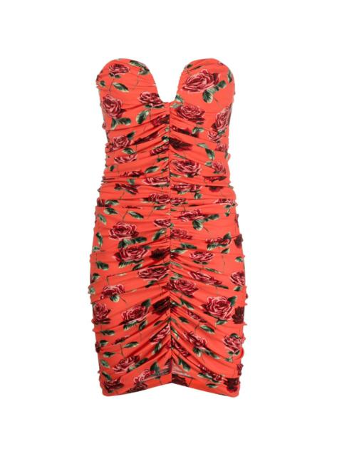 rose-print ruched bustier minidress