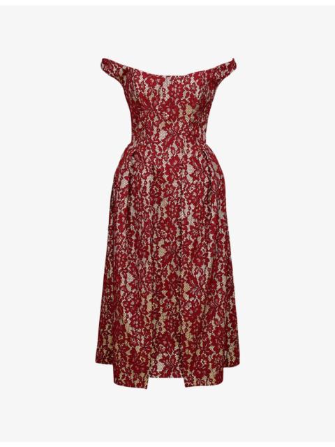 House of CB Charming Off-The-Shoulder Lace and Satin Midi Dress