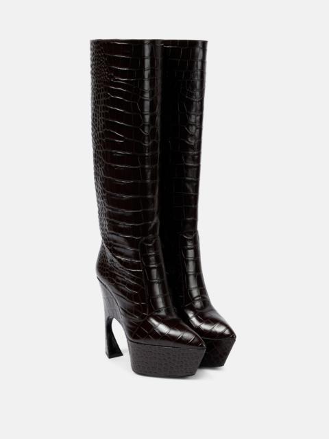 Croc-effect leather platform knee-high boots