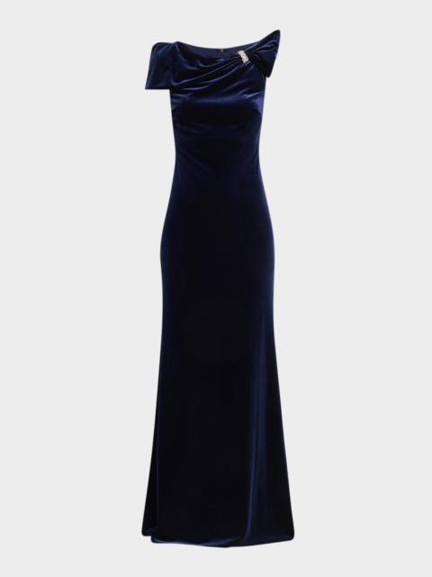 BADGLEY MISCHKA Draped Stretch Velvet Column Gown