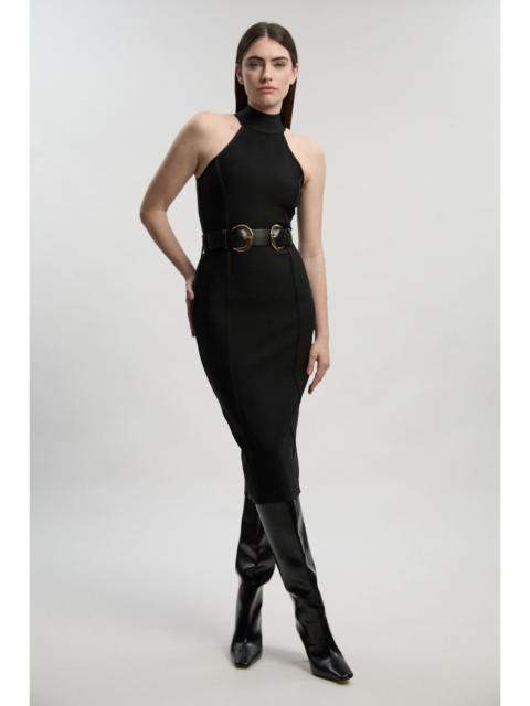 KAREN MILLEN Petite Bandage High Neck Buckle Trim Midi Dress