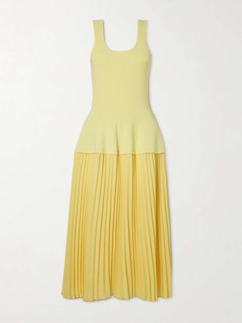 SIMKHAI Allana pleated georgette and ribbed-knit midi dress Pastel yellow