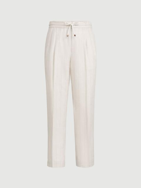 Brunello Cucinelli Linen chalk stripe chevron trousers with drawstring and double pleats