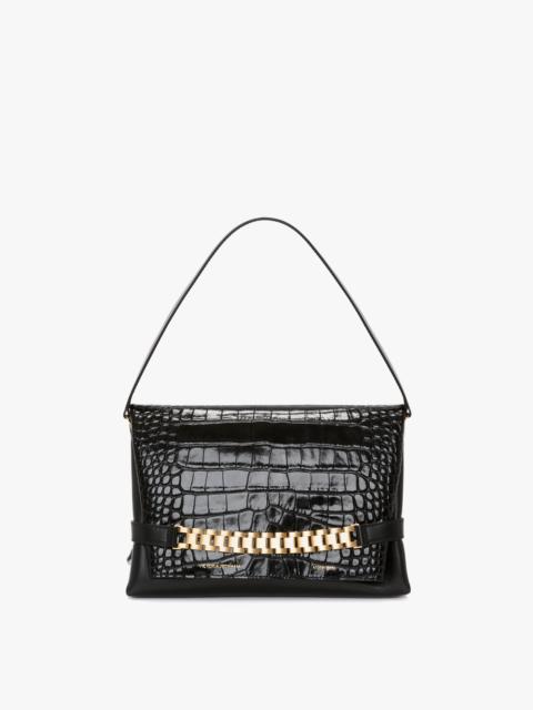 Chain Pouch With Strap In Black Croc-Effect Leather